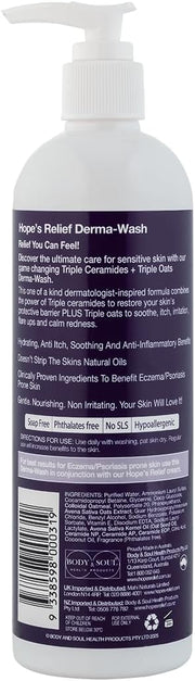 Bottle of derma-wash with pump and label on a white background