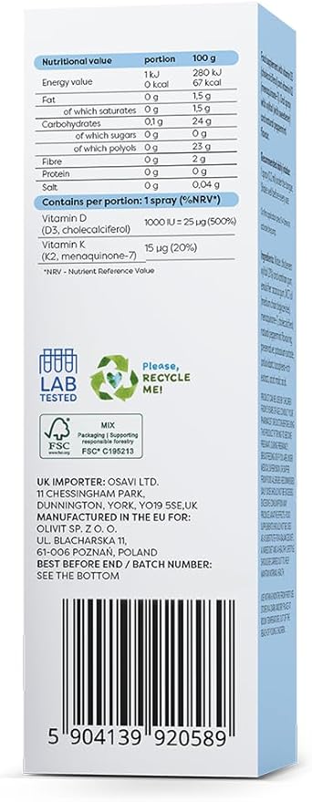 Supplement facts, barcode and directions for Osavi D3 K2 oral spray.