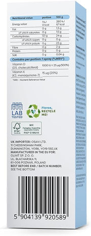 Supplement facts, barcode and directions for Osavi D3 K2 oral spray.