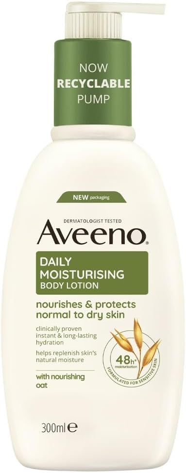Aveeno Daily Moisturising Body Lotion 300ml pump bottle, fragrance-free variant.