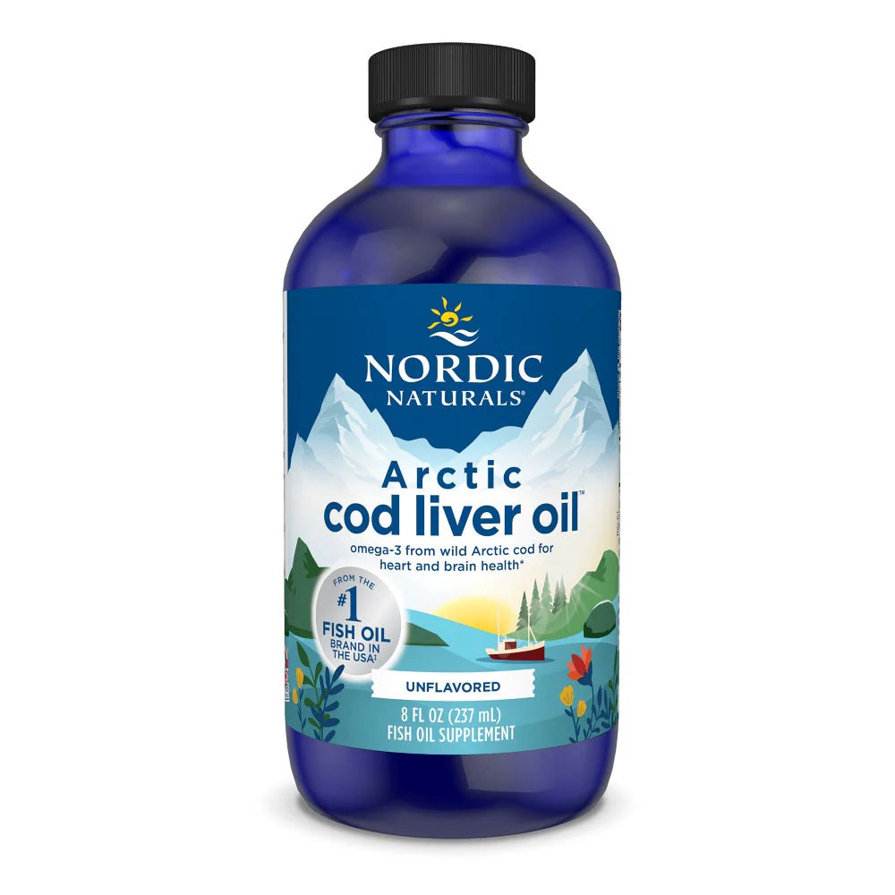 Nordic Naturals Arctic Cod Liver Oil Liquid bottle, 237ml unflavoured.