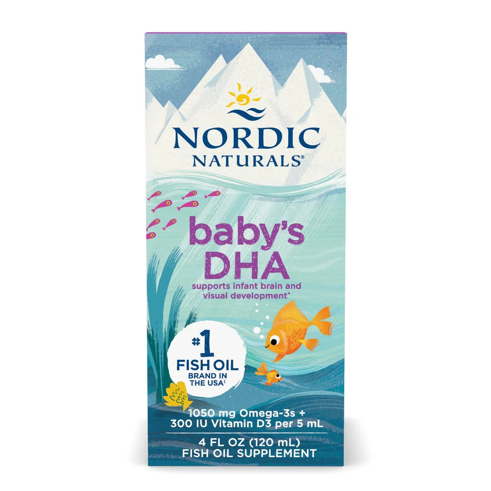 Nordic Naturals Baby's DHA with Vitamin D3 Unflavored Liquid box, front view.