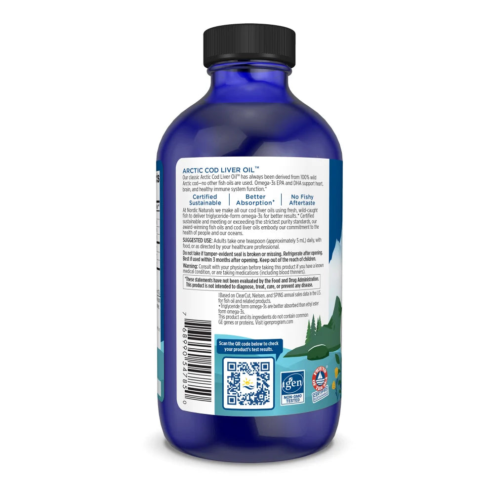 Supplement facts label and barcode for Nordic Naturals Arctic Cod Liver Oil.