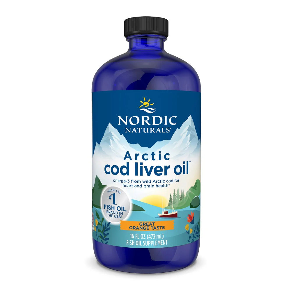 Nordic Naturals Arctic Cod Liver Oil Liquid bottle, 473ml orange flavour.