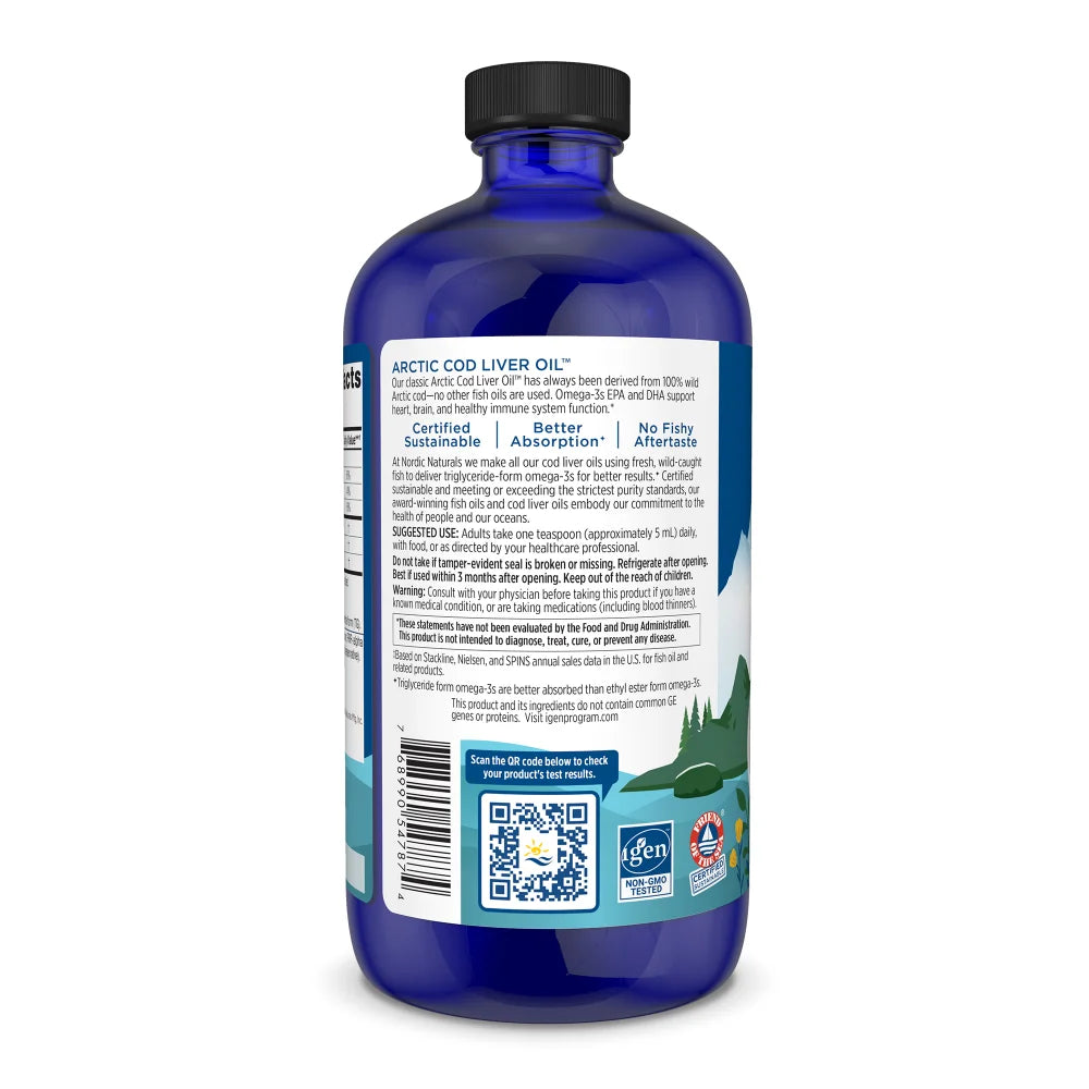 Supplement facts label and barcode for Nordic Naturals Arctic Cod Liver Oil.