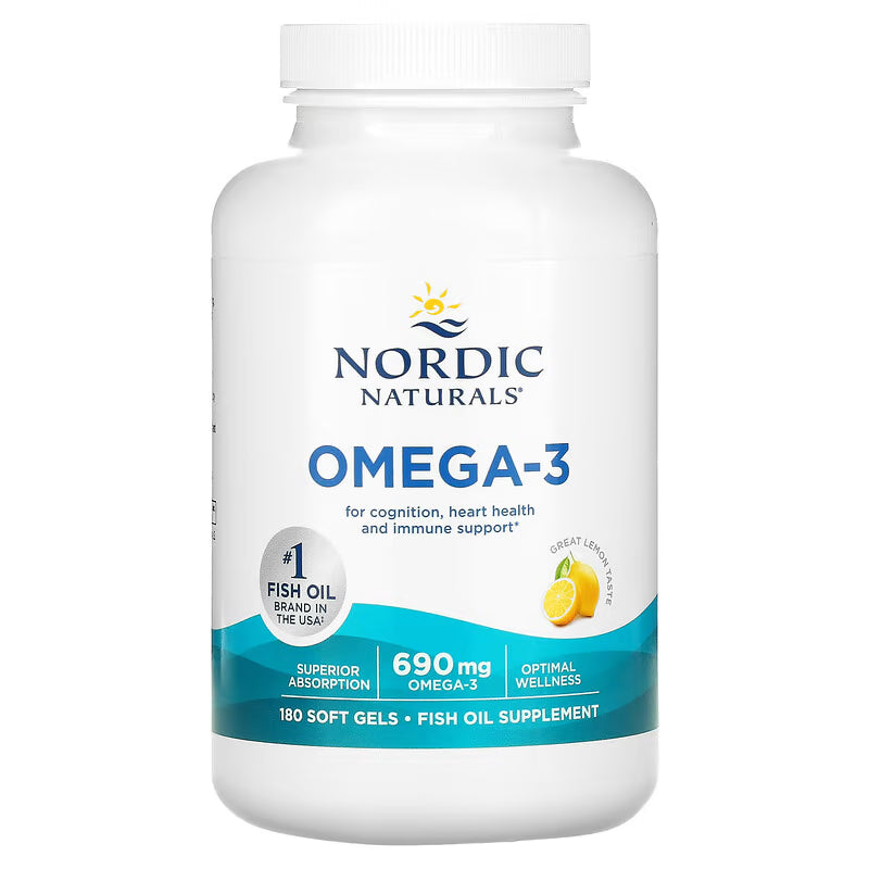 Nordic Naturals Omega-3 Lemon Flavoured Fish Oil 180 Softgels bottle.