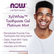 NOW Solutions XyliWhite Platinum Mint Toothpaste Gel 181g packaging showing product features