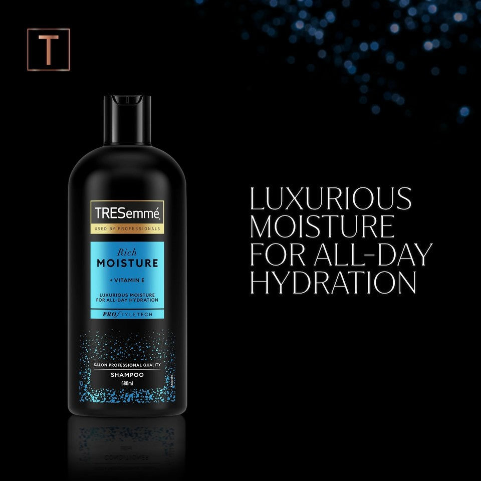 TRESemmé Rich Moisture Shampoo 680ml packaging showing ingredients and product information
