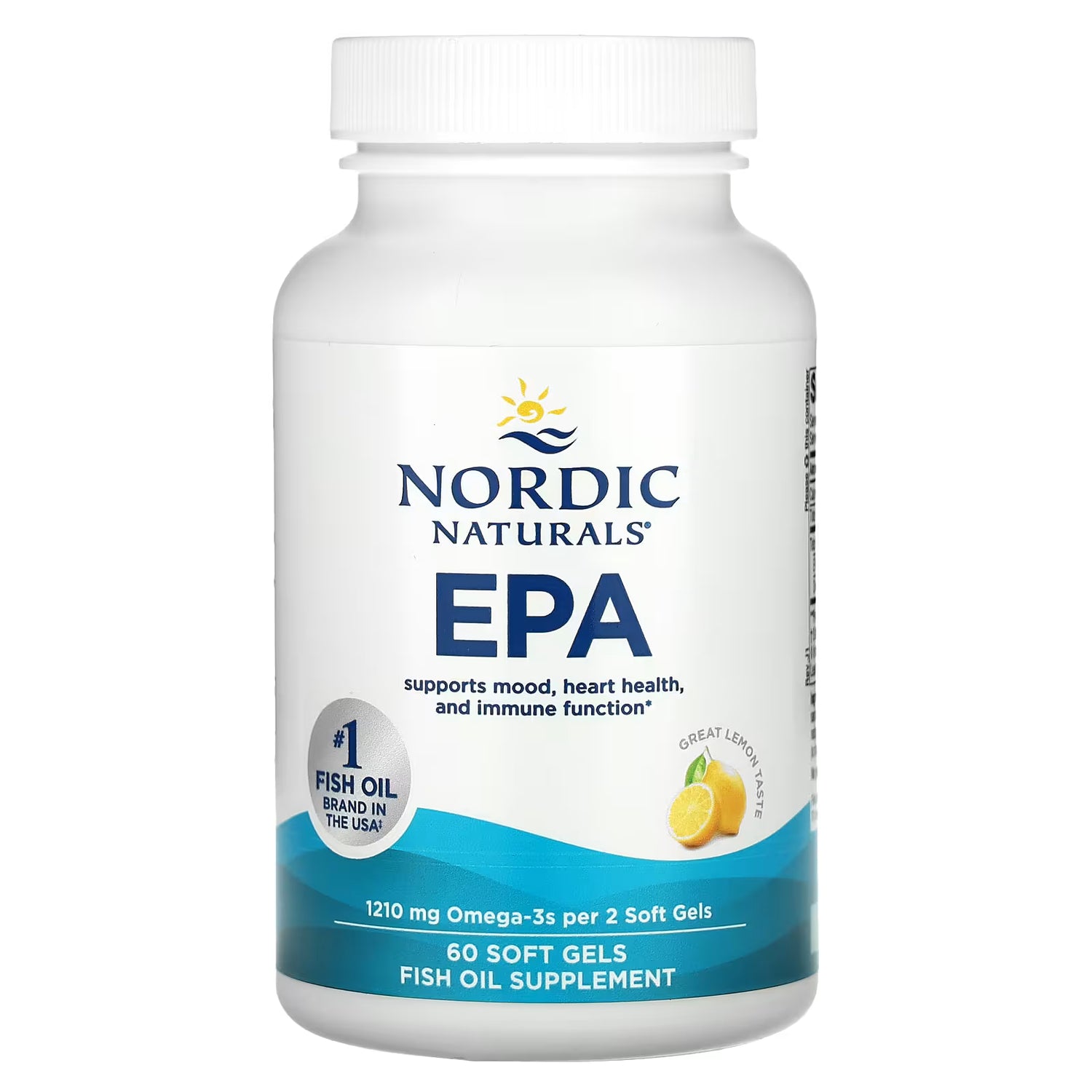 Nordic Naturals EPA Lemon high-potency omega-3 fish oil supplement bottle, 60 soft gels.