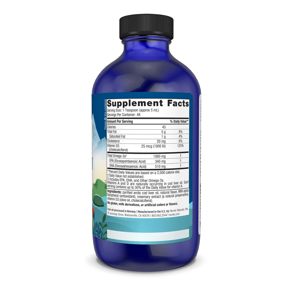 Nordic Naturals Arctic-D Cod Liver Oil Omega 3 + Vitamin D3 For Heart, Brain, Bone and Immune Health 237ml Lemon Flavour.