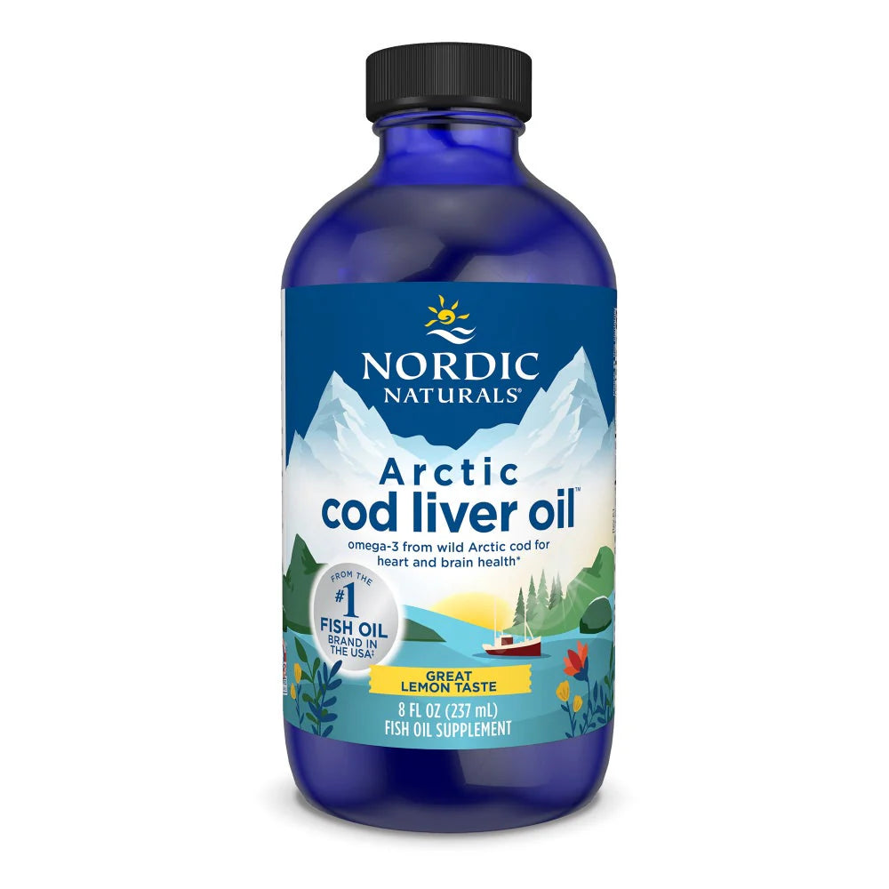 Nordic Naturals Arctic Cod Liver Oil Liquid bottle, 237ml lemon flavour.