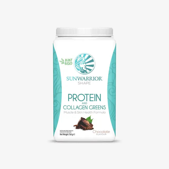 Sunwarrior protein and collagen greens powder packaging on a white background