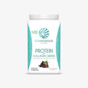 Sunwarrior protein and collagen greens powder packaging on a white background