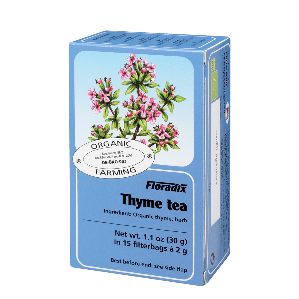 Box of Floradix Organic Thyme Herbal Tea, 15 teabags, certified organic.
