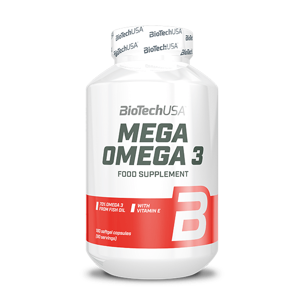 BiotechUSA Mega Omega 3 bottle, 180 softgel capsules.