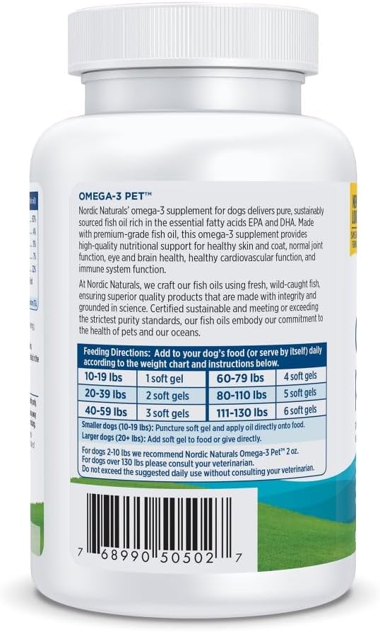 Label showing supplement facts and dosage for Nordic Naturals fish oil for dogs.