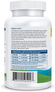 Label showing supplement facts and dosage for Nordic Naturals fish oil for dogs.