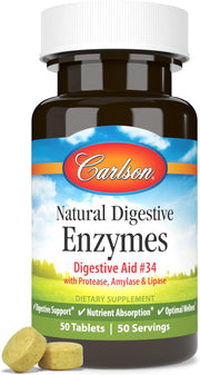 Front image: Carlson Digestive Enzymes tablets protease amylase lipase supplement bottle 50 count