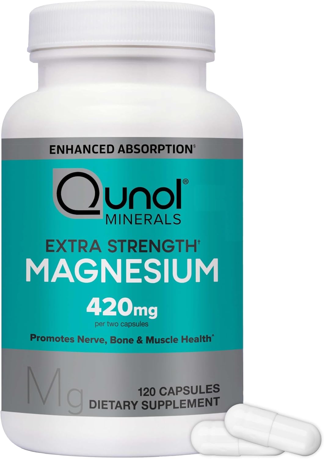 Qunol Extra Strength Magnesium supplement bottle with a white capsule on a white background