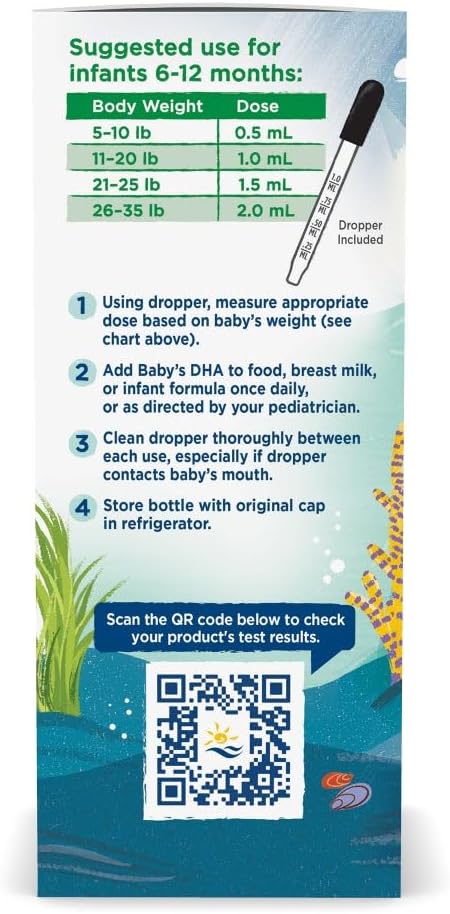 Dosage chart and supplement facts for infant vegan DHA oil.