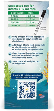 Dosage chart and supplement facts for infant vegan DHA oil.