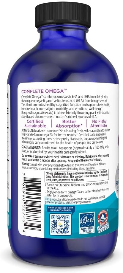 Supplement facts label for complete omega fatty acid liquid blend barcode