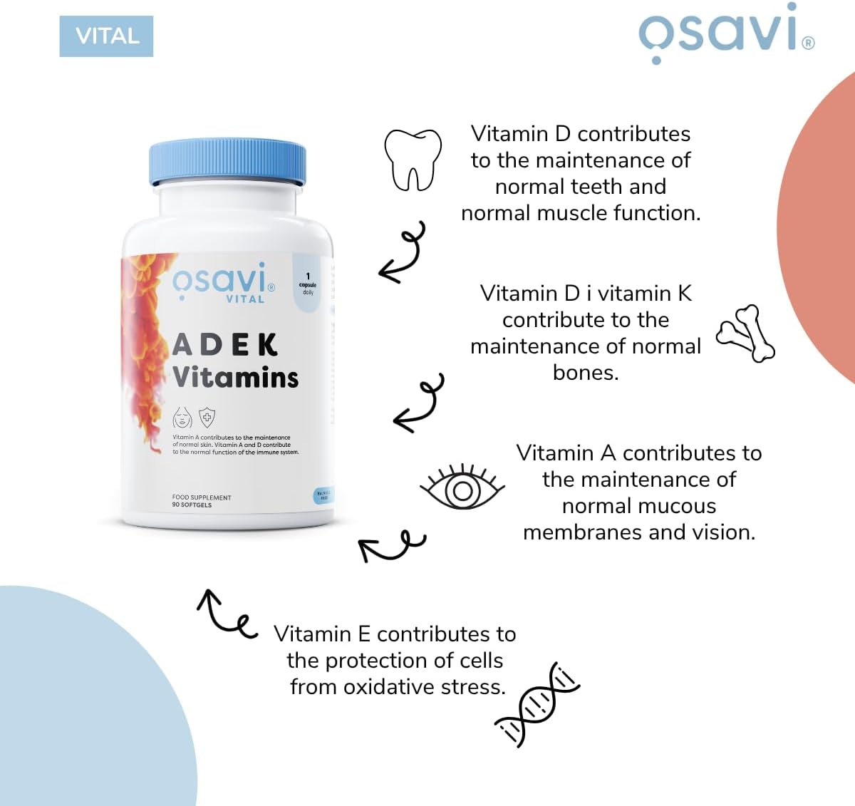 Osavi Vitamin A D E K Complex with Natural Beta-Carotene & D3 - 120 Softgels