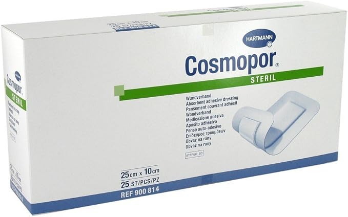 Cosmopor E Long Sterile Adhesive Dressings box, 25 cm x 10 cm, pack of 25.