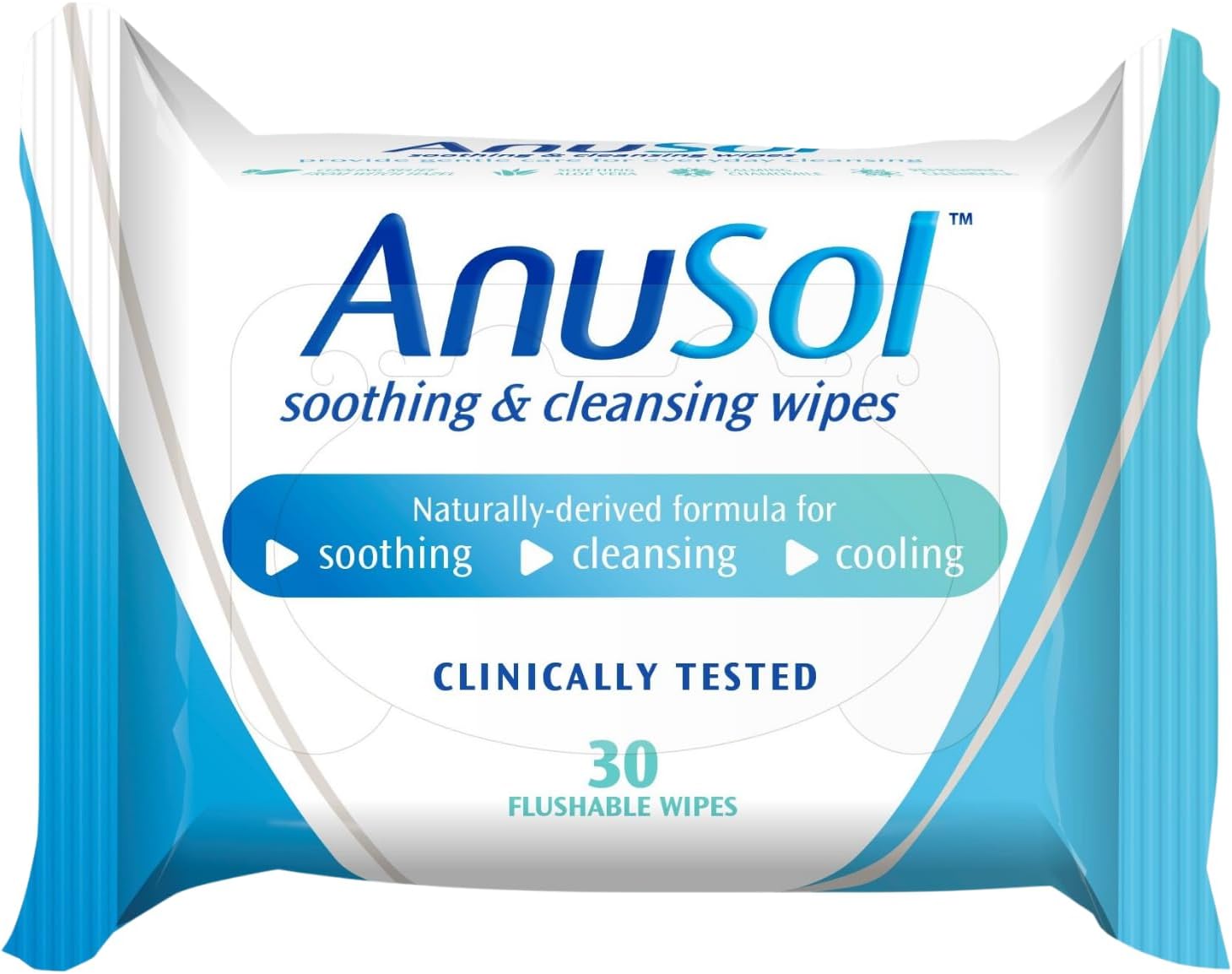 Pack of Anusol Soothing and Cleansing Wipes, 30 count, on a clean background.