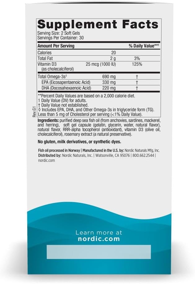 Supplement facts label for Omega-3D with Vitamin D3 and ingredients.