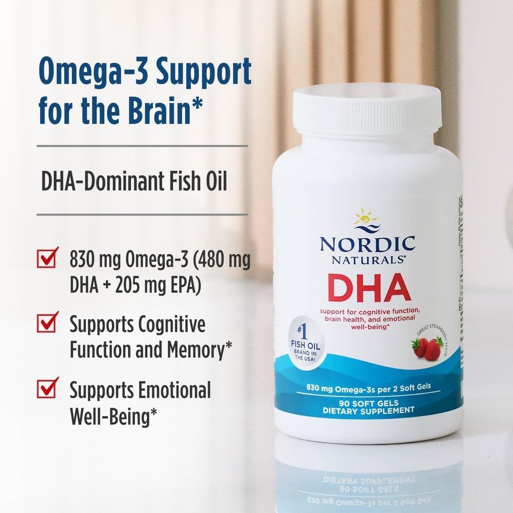 Nordic Naturals DHA supplement bottle shown next to text highlighting Omega-3 support for the brain, with a soft indoor background and a small plant in the distance.