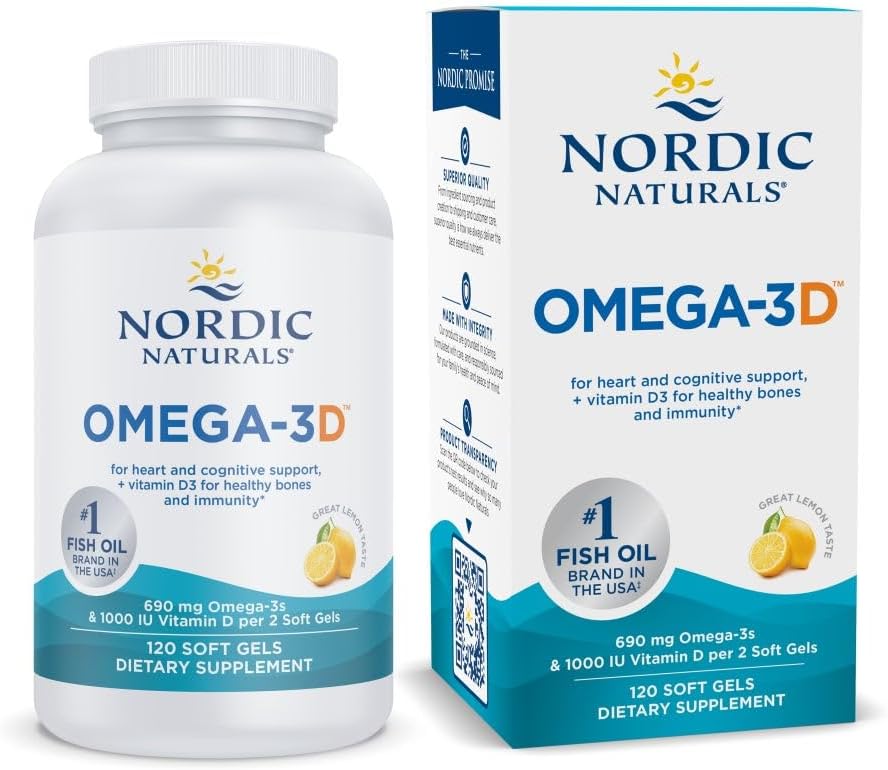 Nordic Naturals Omega-3D with Vitamin D3 lemon soft gels, 120 count bottle & box.