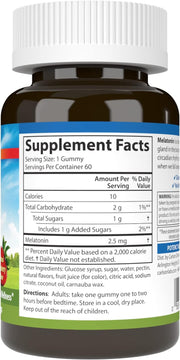 Supplement facts & ingredients image: Carlson Melatonin 2.5 mg supplement facts vegetarian gummies 60 bottle