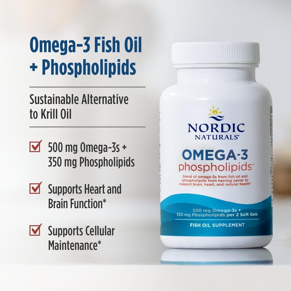 Nordic Naturals Omega-3 Fish Oil + Phospholipids fish oil supplement bottle shown next to text highlighting key benefits on a clean white background.