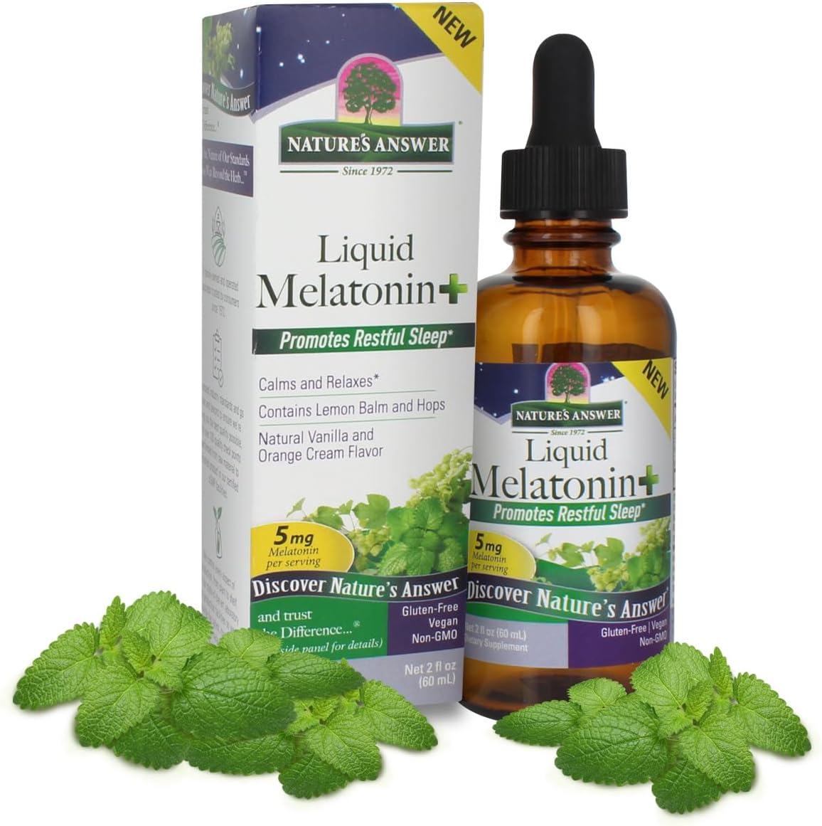 Nature’s Answer Melatonin Plus Lemon Balm & Hops Liquid 60ml bottle front view on a white background