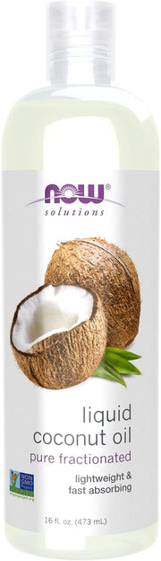 NOW Solutions Liquid Coconut Oil bottle, 473ml, on white background.