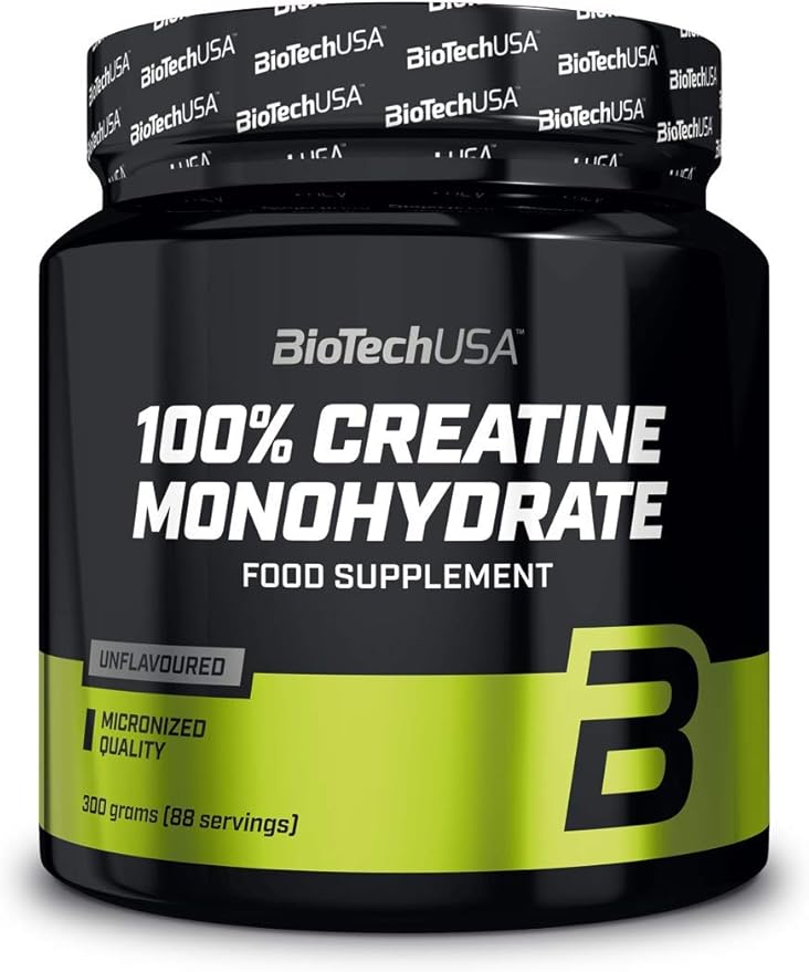BioTechUSA 100% Micronised Creatine Monohydrate tub, 300g, on a clean background.
