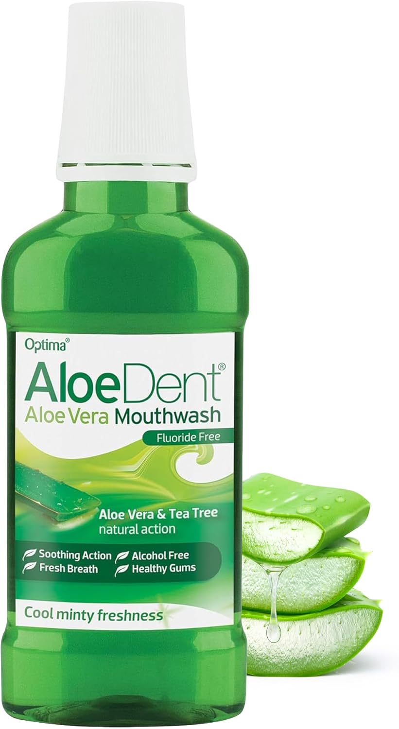 Front Image: Aloe Dent aloe vera mouthwash fluoride free alcohol free vegan 250ml bottle