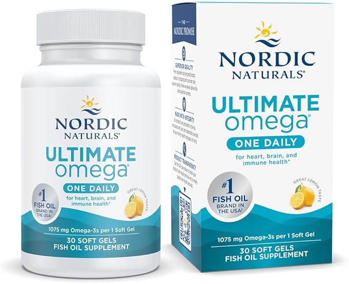 Nordic Naturals Ultimate Omega One Daily bottle & box, lemon, 30 soft gels.