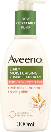 Aveeno Daily Moisturising Yogurt Body Cream pump bottle, 300ml, with apricot and honey.