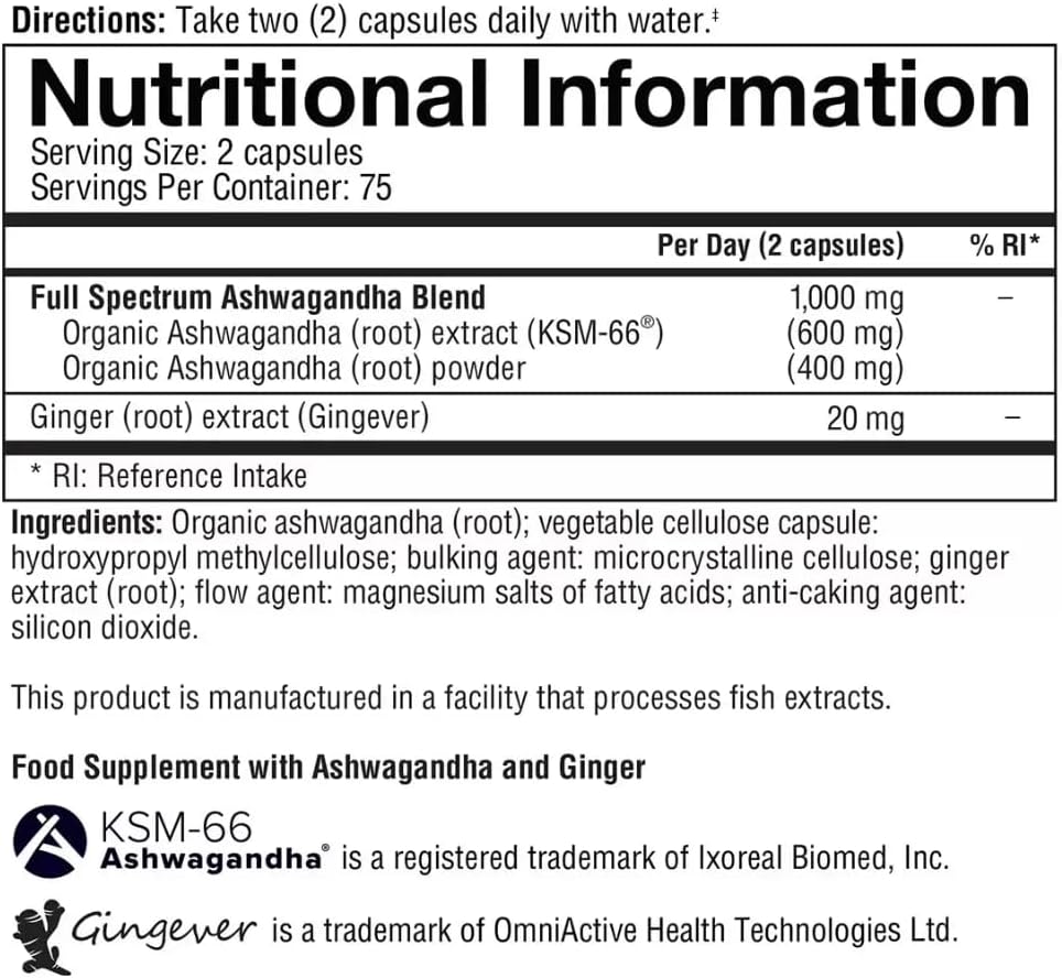 Nutritional information label for a supplement with Ashwagandha and Ginger.