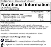 Nutritional information label for a supplement with Ashwagandha and Ginger.