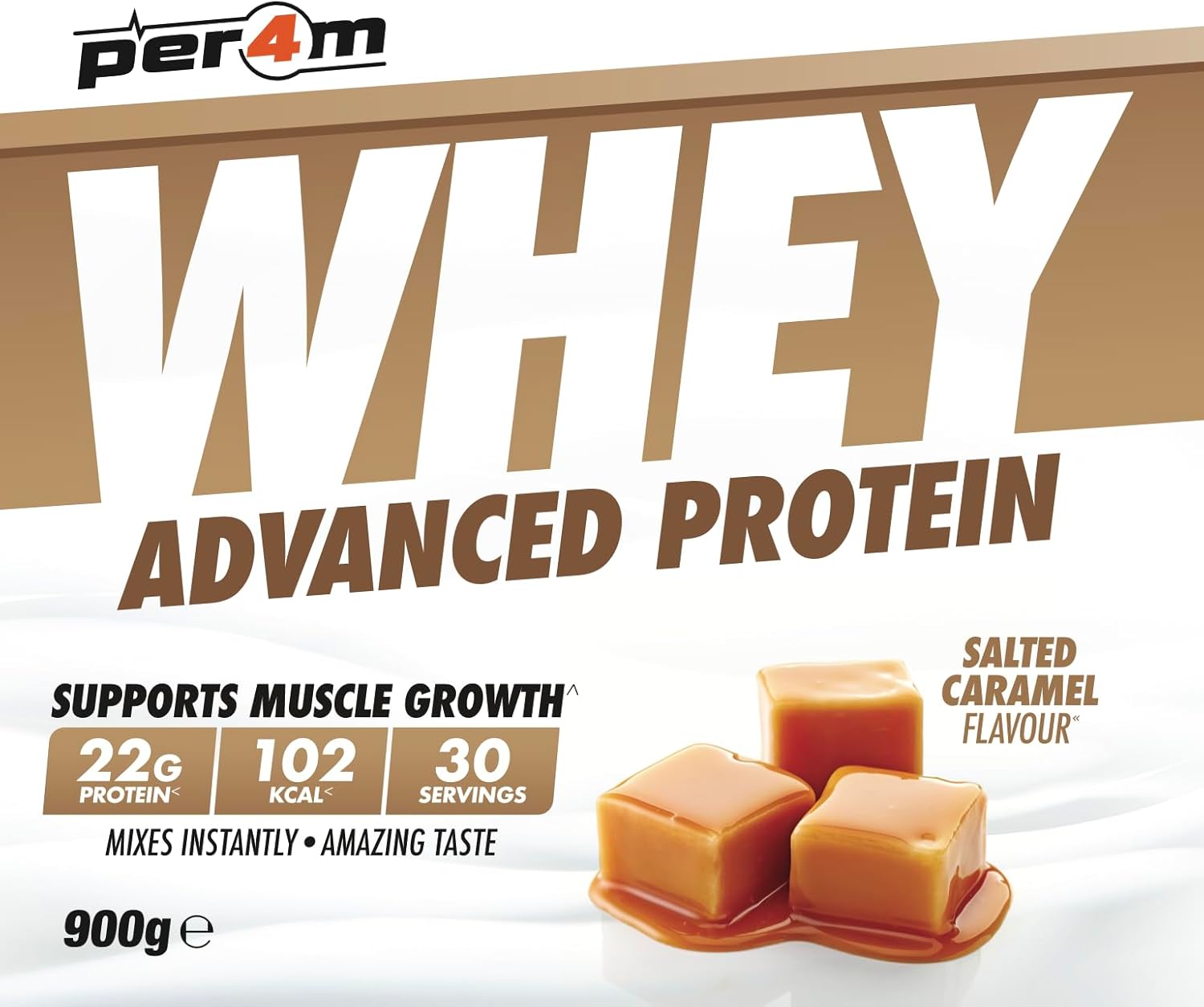 Whey protein bar packaging with salted caramel flavor on a white background