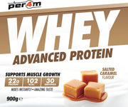 Whey protein bar packaging with salted caramel flavor on a white background