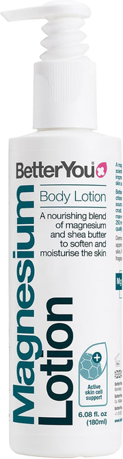 BetterYou Magnesium Body Lotion pump bottle, 180ml, with shea butter, on white background.