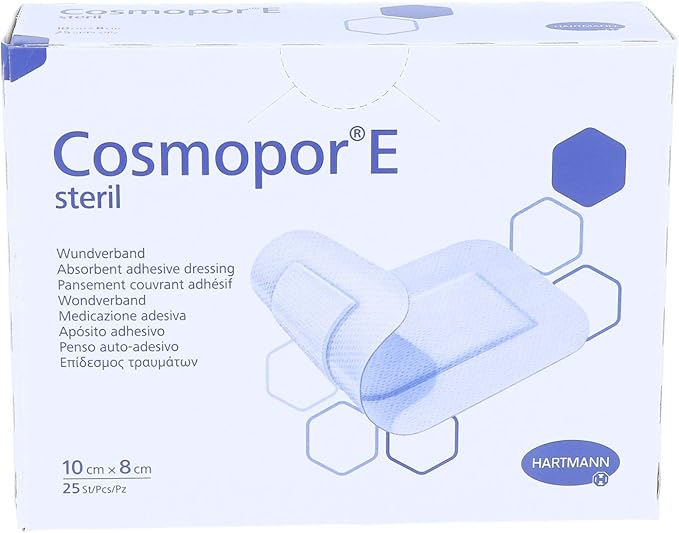 Cosmopor E Sterile Adhesive Dressings box, 10 cm x 8 cm, pack of 25, on white background.