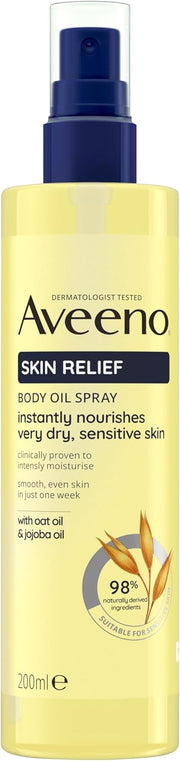 Aveeno Skin Relief Body Oil Spray bottle, 200ml, with oat and jojoba oil.