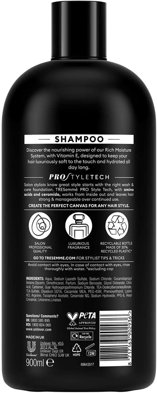 Ingredients and usage instructions for TRESemmé Shampoo 900ml.