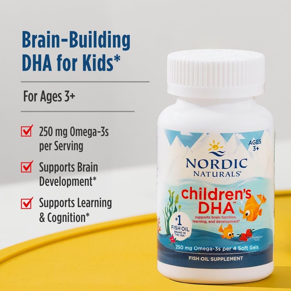 Nordic Naturals Children's DHA Strawberry Chewable 90 Soft Gels bottle for kids.
