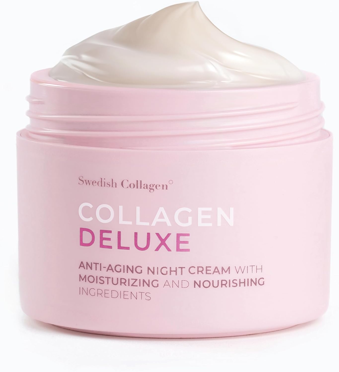Pink jar of Swedish Collagen Collagen Deluxe anti-aging night cream on a white background